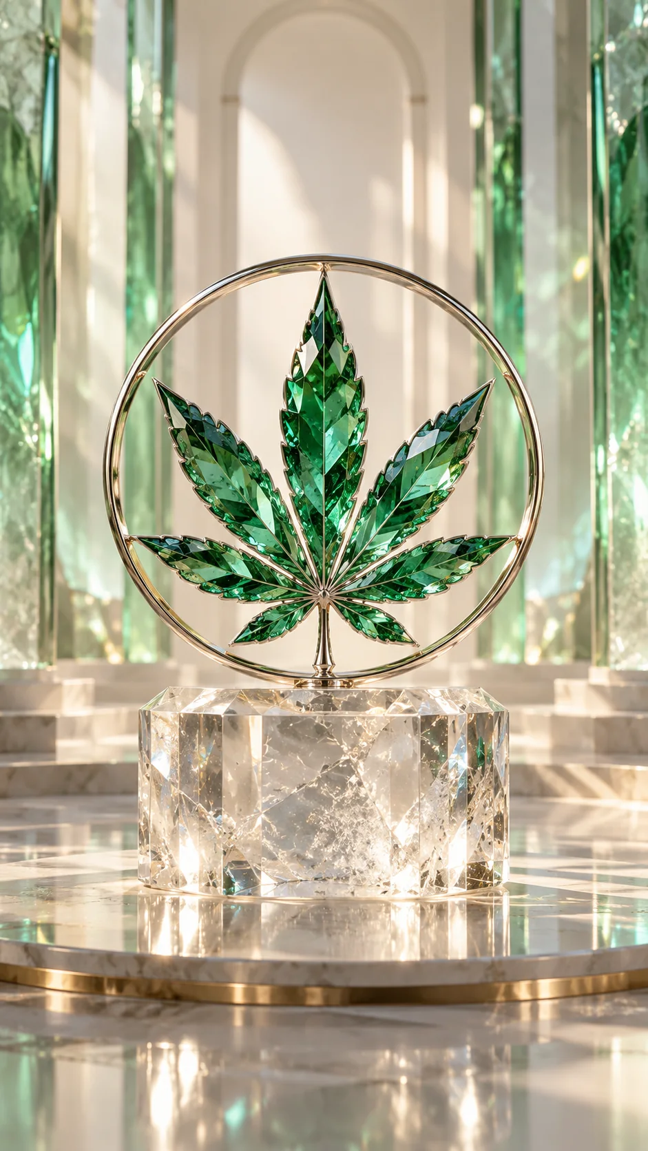 An emerald leaf sculpture in a sunlit crystal gallery