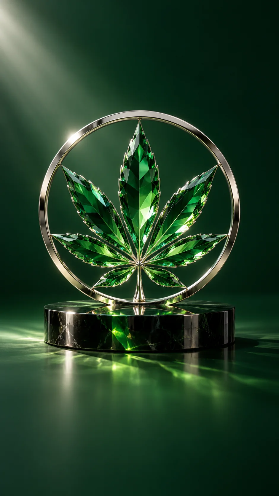 An emerald crystal leaf in a polished metal circle, catching a shaft of light