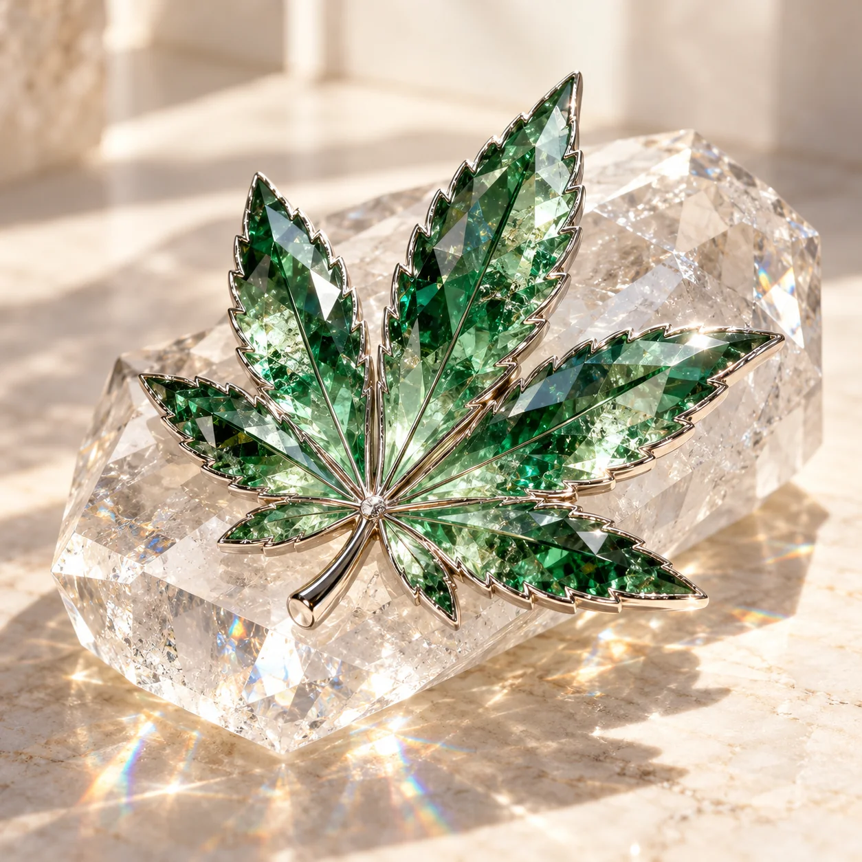 Emerald crystal and clear quartz refracting light